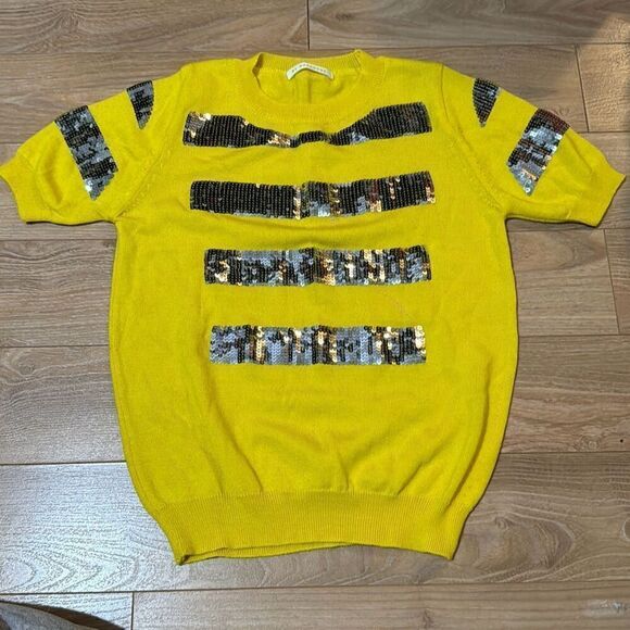 No Brand Tops - My wardrobe yellow and silver glitter striped top